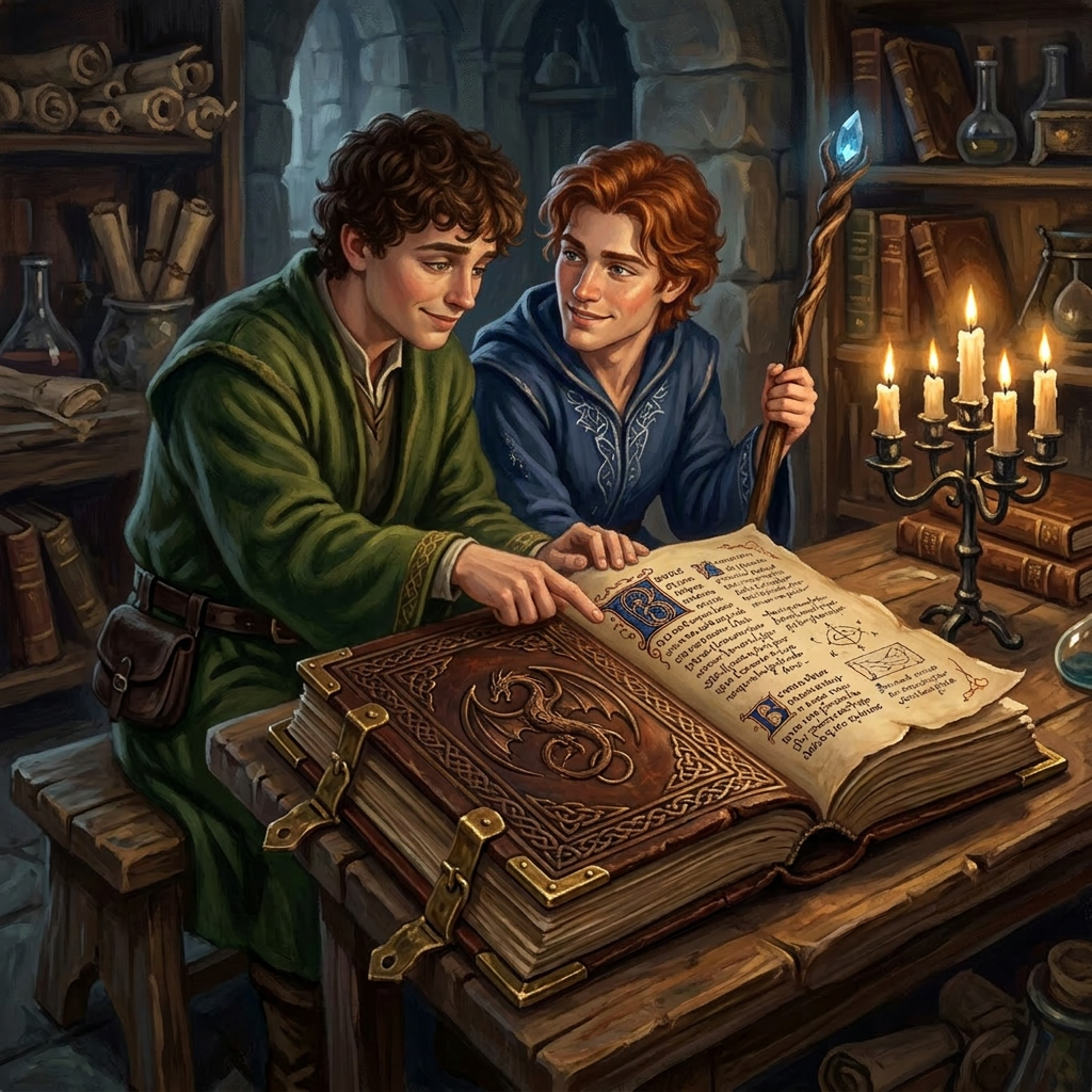 Two young people studying an ancient magical book in a medieval setting
